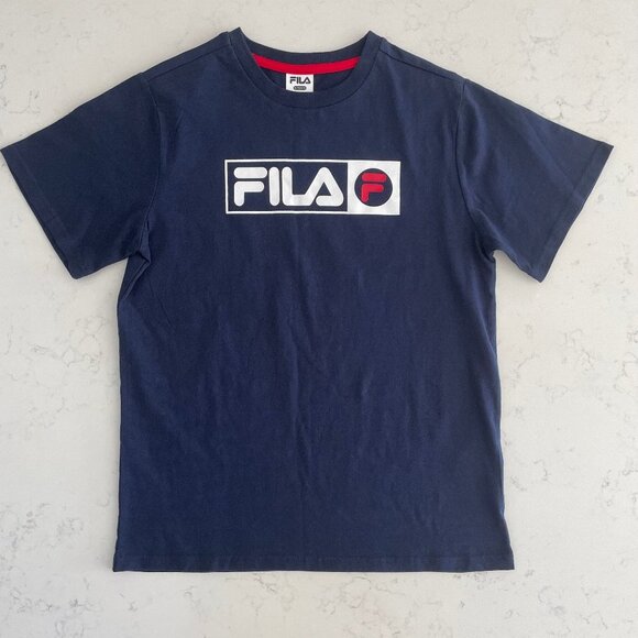 FILA Short Sleeve Crew Neck Cotton Poly Blend T Shirt Top Blue Wht Red Sz S NWOT - Picture 1 of 8